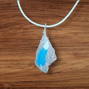 Hand-Painted Seaglass Artisan Blue Jay Feather Silver and White Pendant Necklace